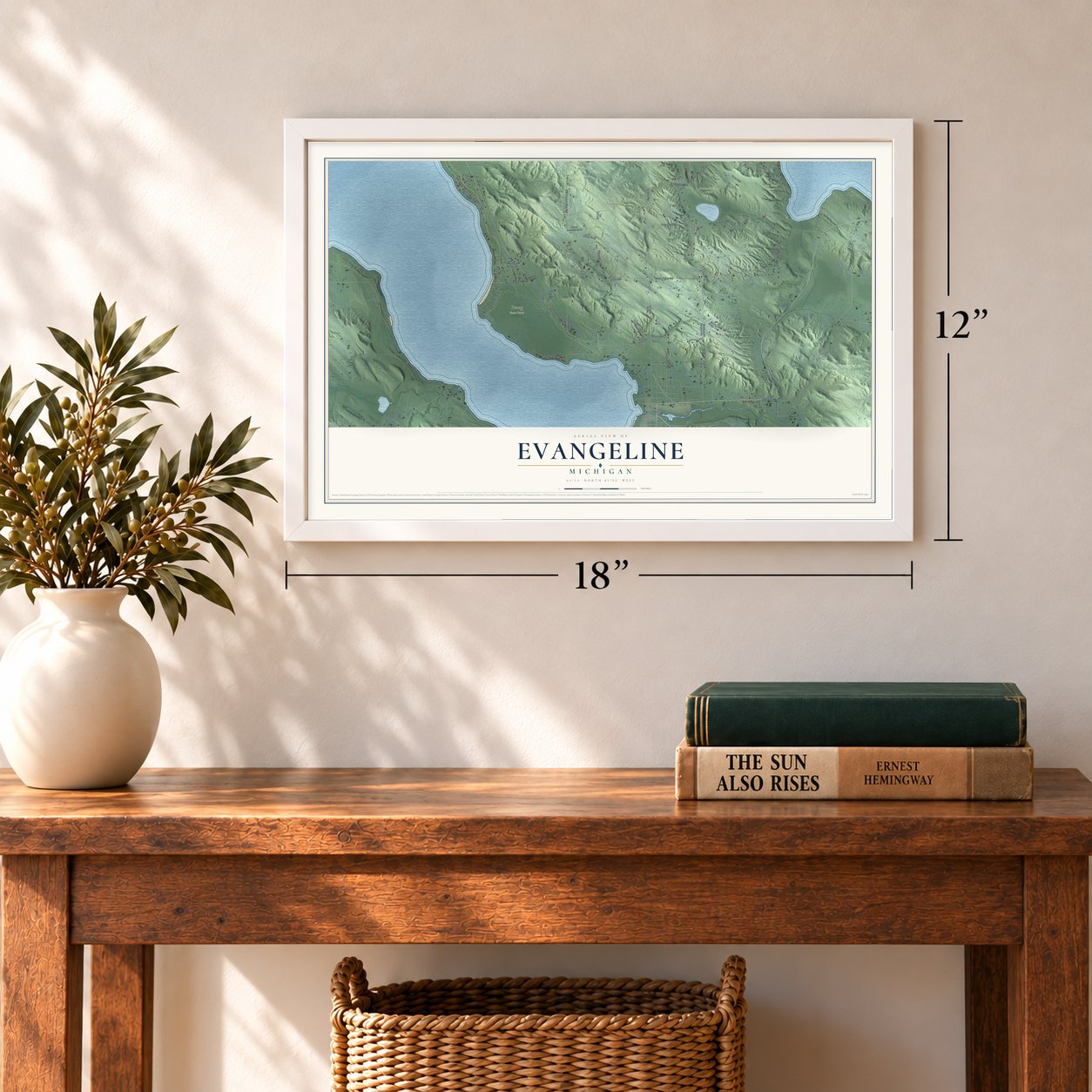 Evangeline, Michigan map, 12 x 18 inch print in a white frame in an entryway