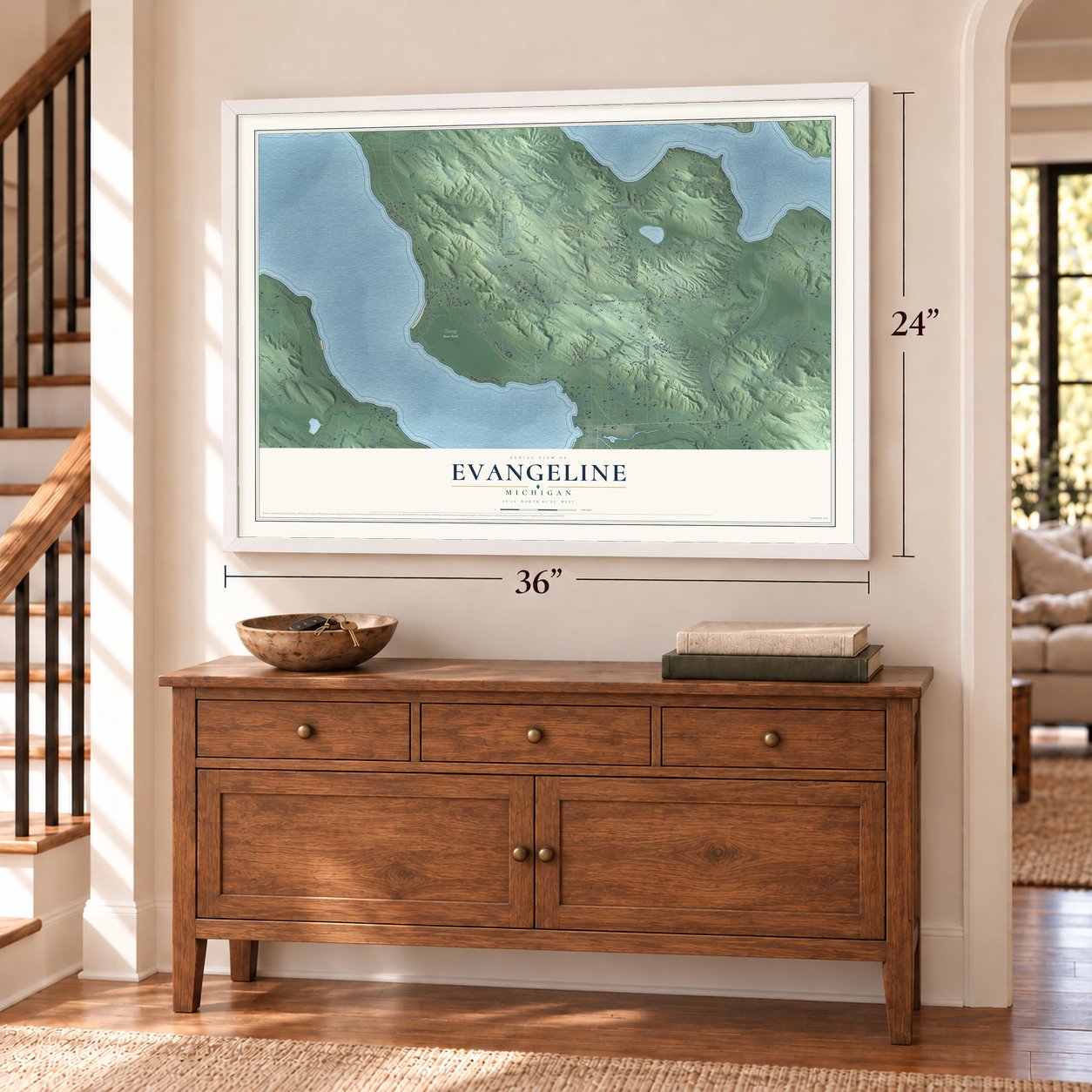 Evangeline, Michigan map, 24 x 36 inch print in a white frame above a dresser by a staircase