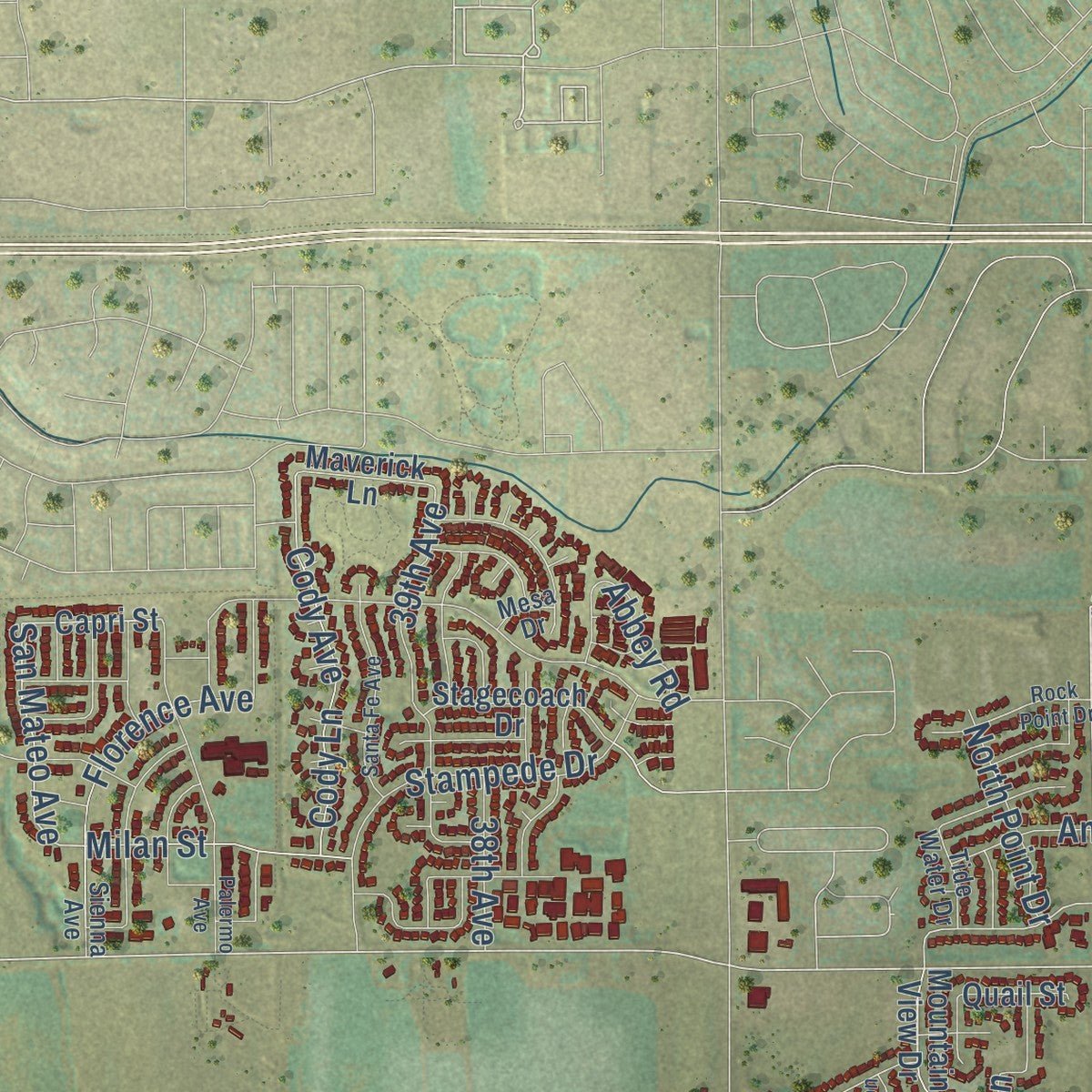 Second close-up of the map of Evans, Colorado print showing more streets and buildings