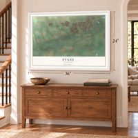 Evans, Colorado map, 24 x 36 inch print in a white frame above a dresser by a staircase