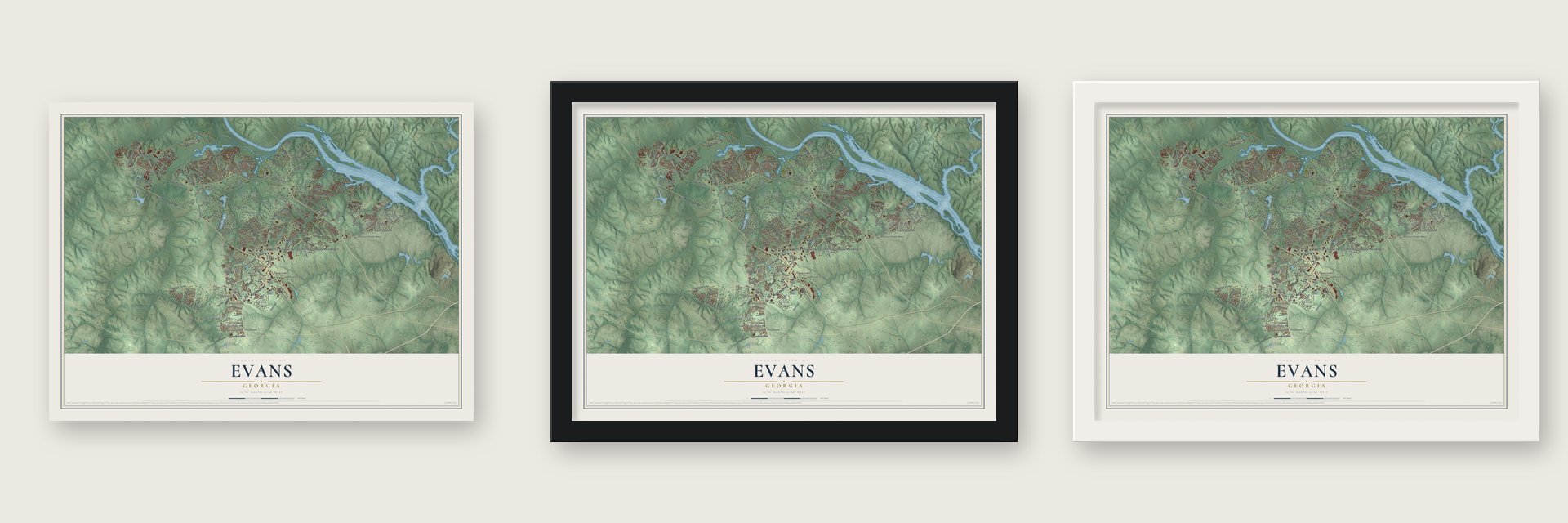Evans, Georgia map unframed, in a black wood frame and in a white wood frame