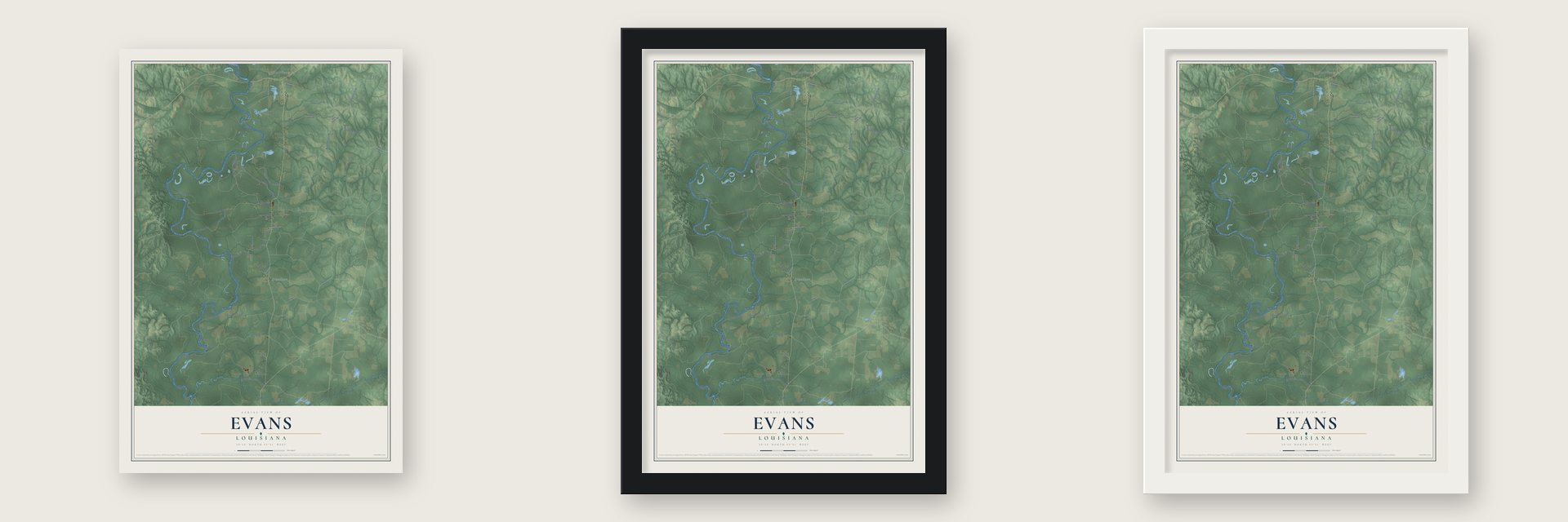 Evans, Louisiana map unframed, in a black wood frame and in a white wood frame