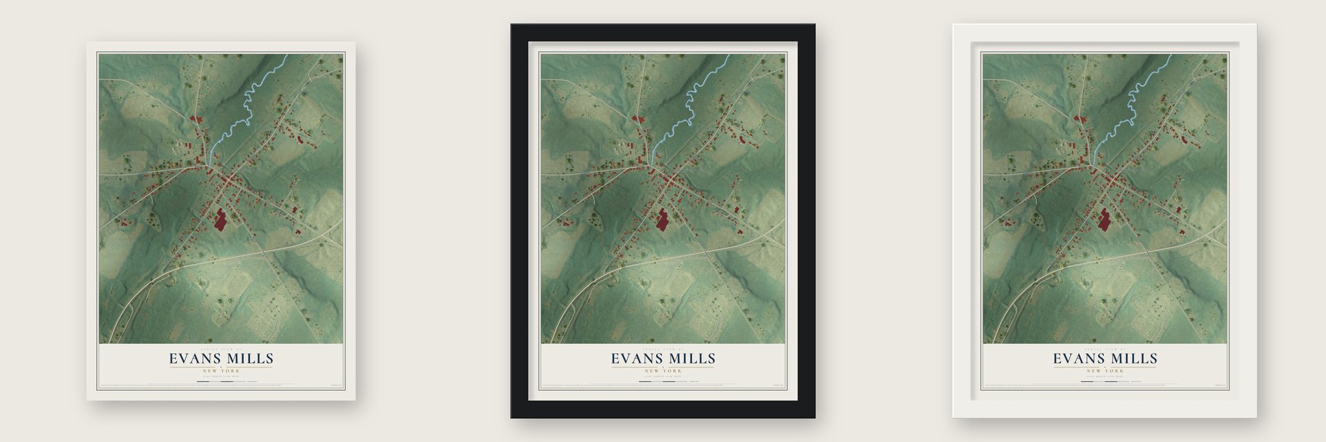 Evans Mills, New York map unframed, in a black wood frame and in a white wood frame