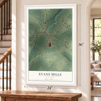 Evans Mills, New York map, 24 x 36 inch print in a white frame by a staircase