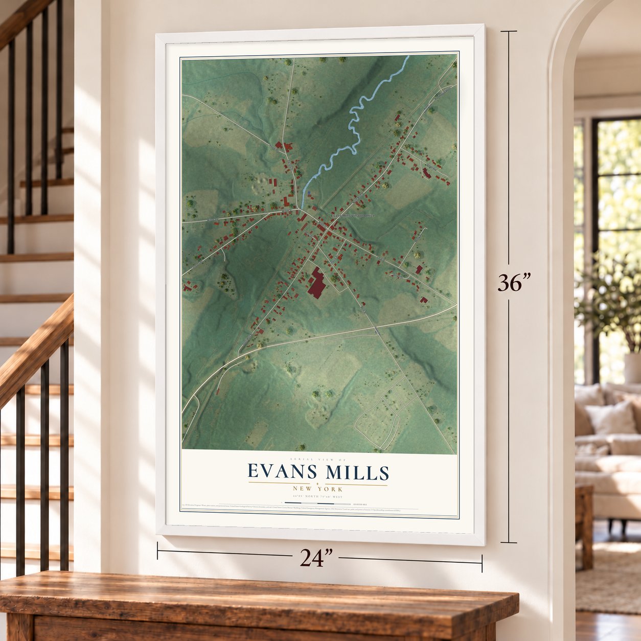Evans Mills, New York map, 24 x 36 inch print in a white frame by a staircase