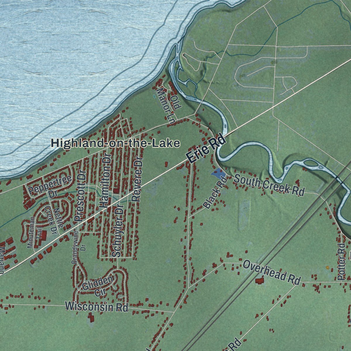 Second close-up of the map of Evans, New York print showing more streets and buildings