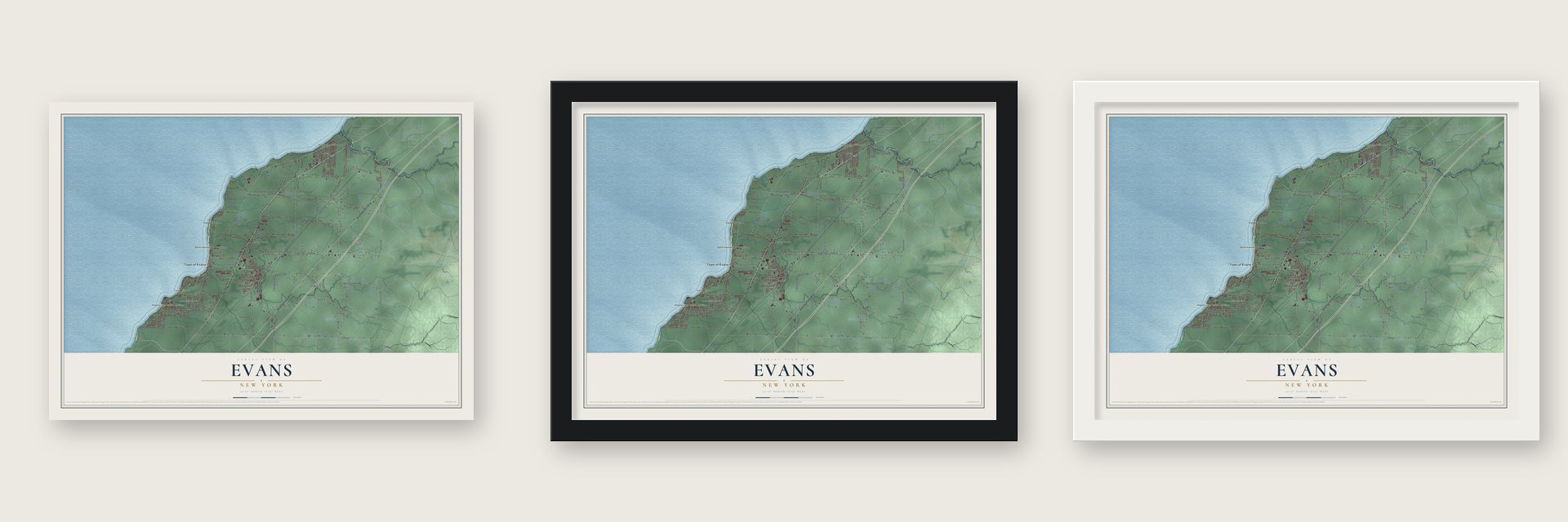 Evans, New York map unframed, in a black wood frame and in a white wood frame