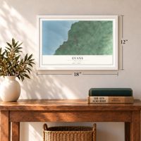 Evans, New York map, 12 x 18 inch print in a white frame in an entryway