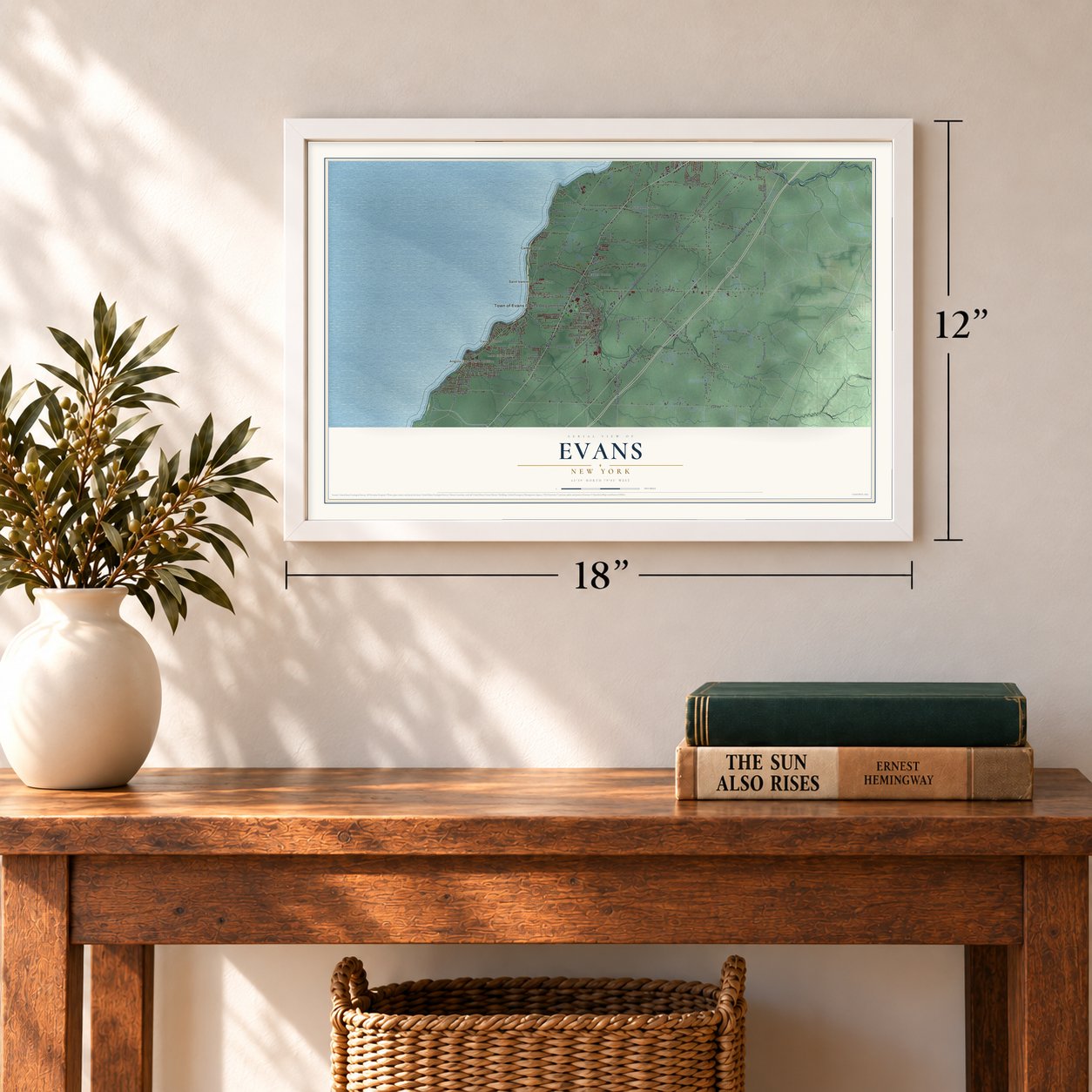 Evans, New York map, 12 x 18 inch print in a white frame in an entryway