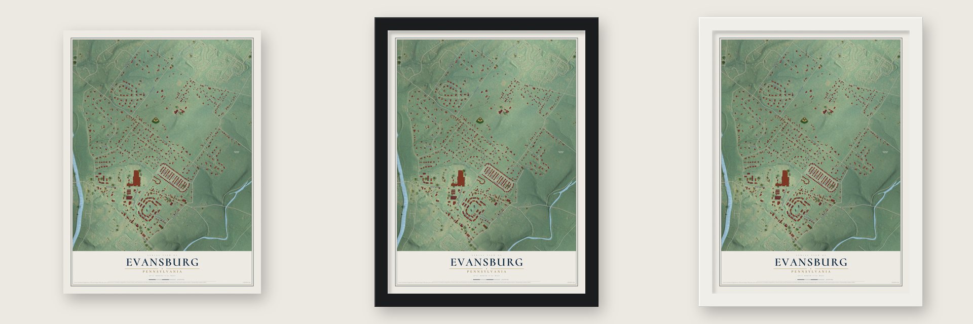 Evansburg, Pennsylvania map unframed, in a black wood frame and in a white wood frame