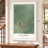 Evansburg, Pennsylvania map, 24 x 36 inch print in a white frame by a staircase