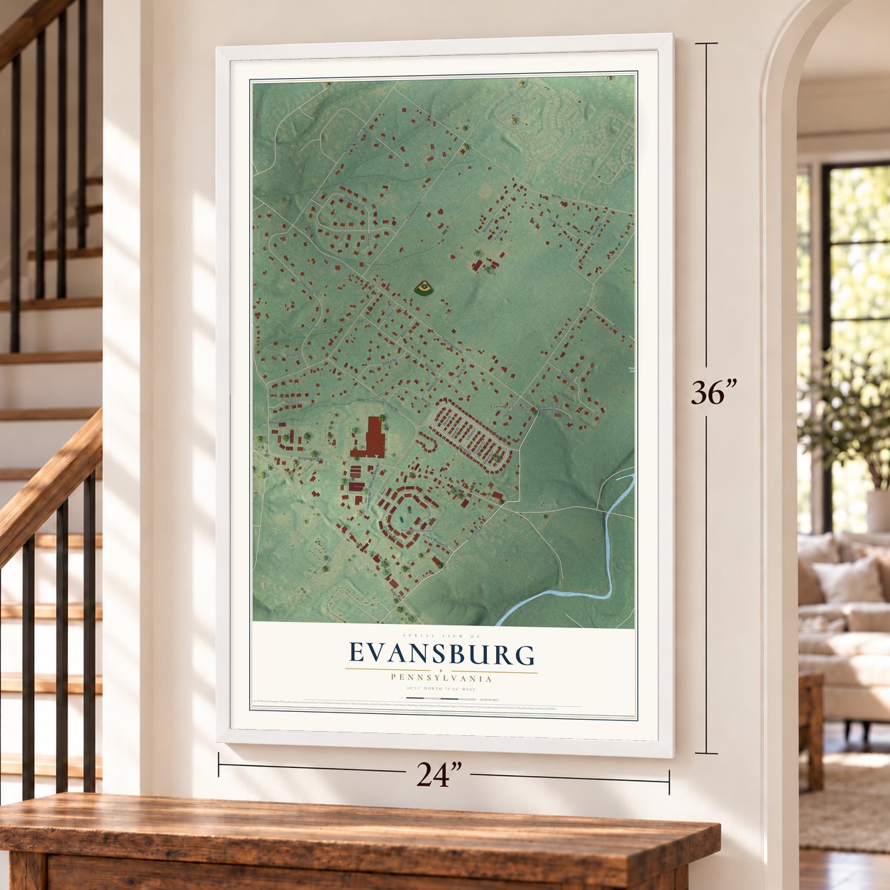 Evansburg, Pennsylvania map, 24 x 36 inch print in a white frame by a staircase