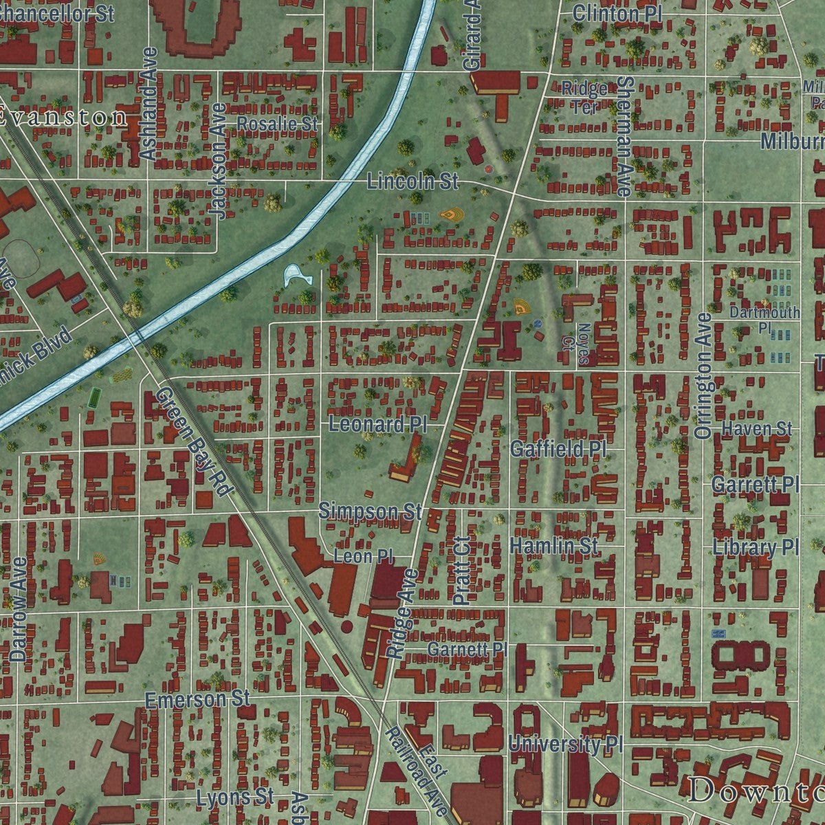 Second close-up of the map of Evanston, Illinois print showing more streets and buildings