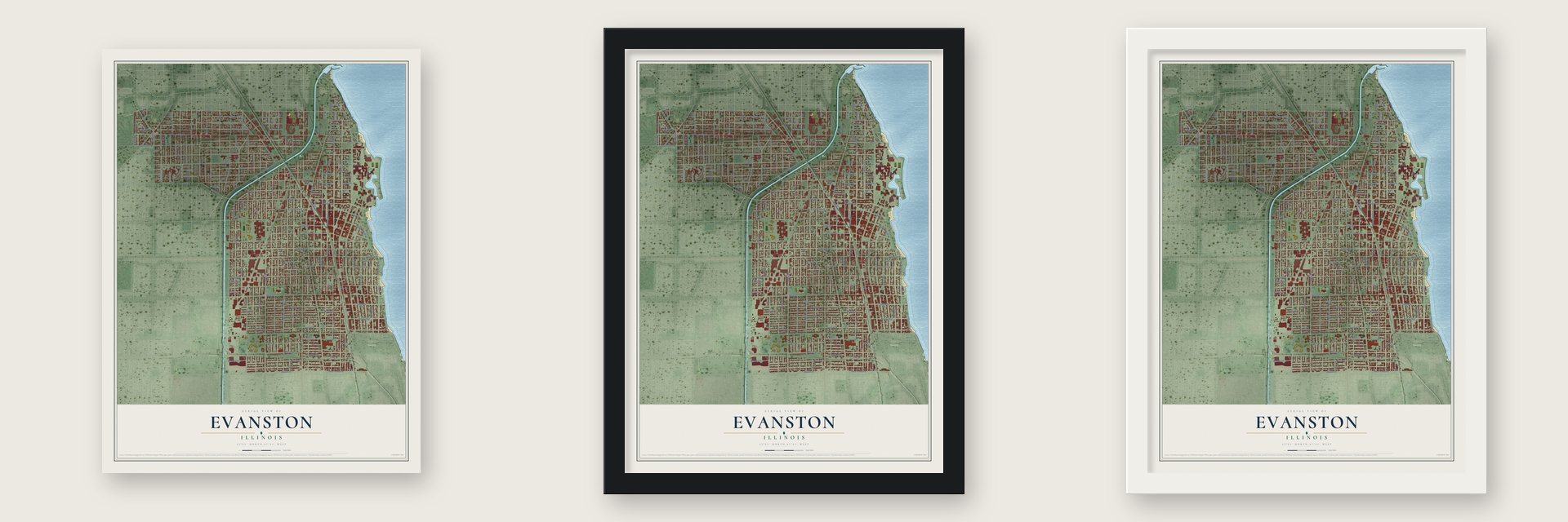 Evanston, Illinois map unframed, in a black wood frame and in a white wood frame
