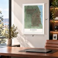 Evanston, Illinois map, 18 x 24 inch print in a white frame in a home office