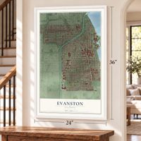 Evanston, Illinois map, 24 x 36 inch print in a white frame by a staircase