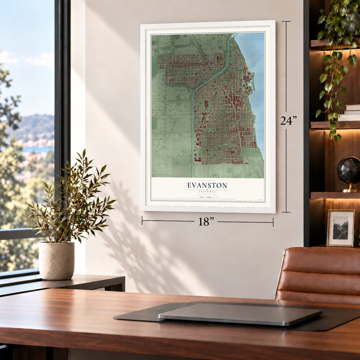 Evanston, Illinois map, 18 x 24 inch print in a white frame in a home office