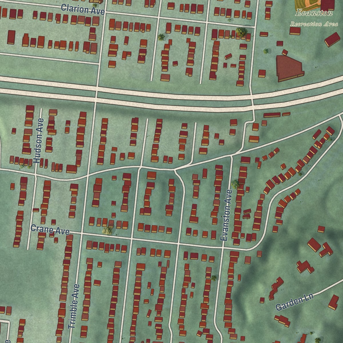 Second close-up of the map of Evanston, Ohio print showing more streets and buildings