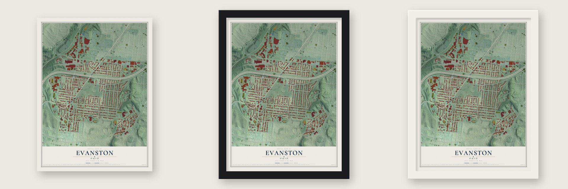 Evanston, Ohio map unframed, in a black wood frame and in a white wood frame