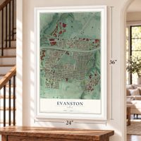 Evanston, Ohio map, 24 x 36 inch print in a white frame by a staircase