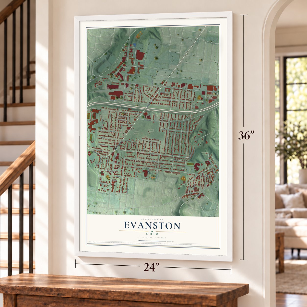 Evanston, Ohio map, 24 x 36 inch print in a white frame by a staircase