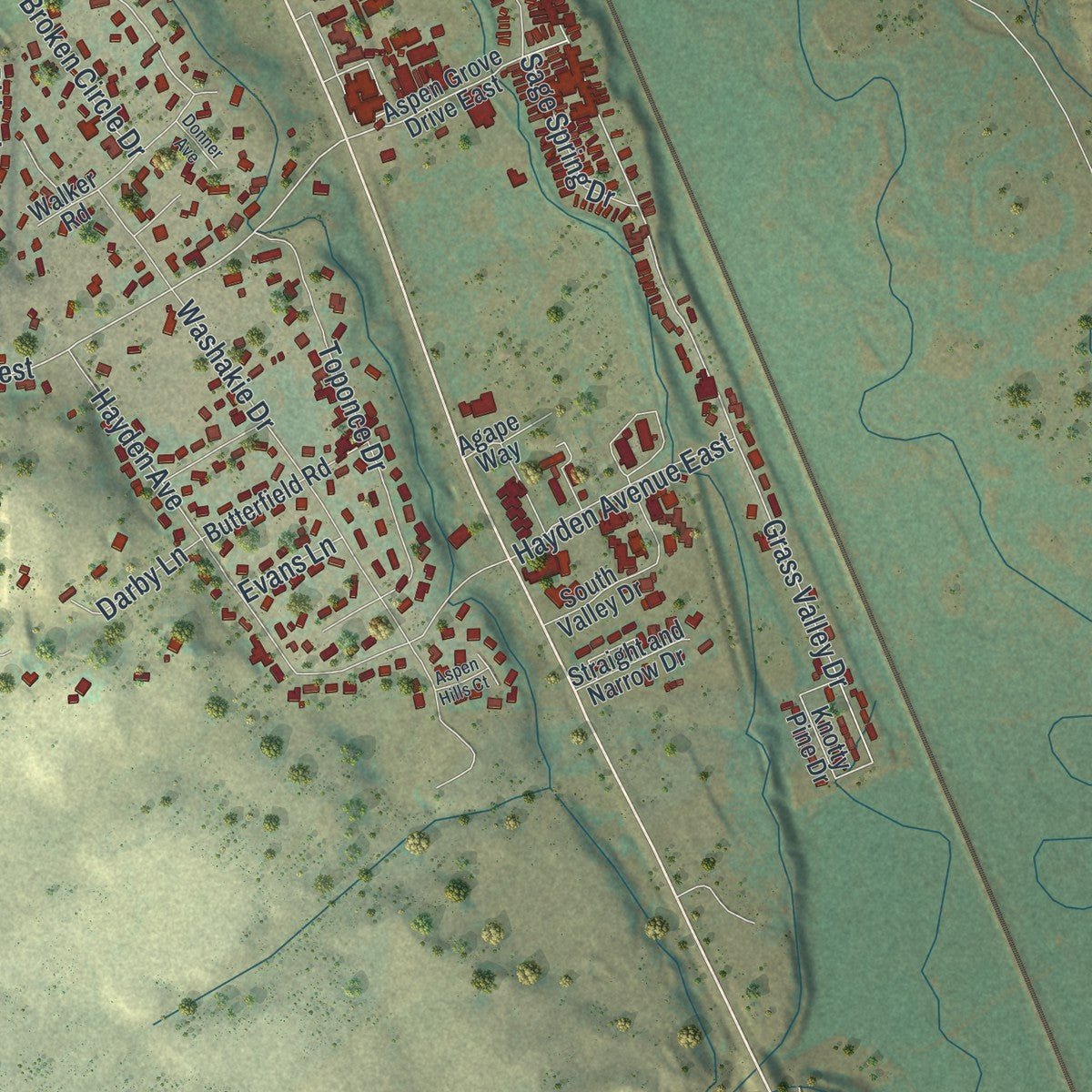 Second close-up of the map of Evanston, Wyoming print showing more streets and buildings