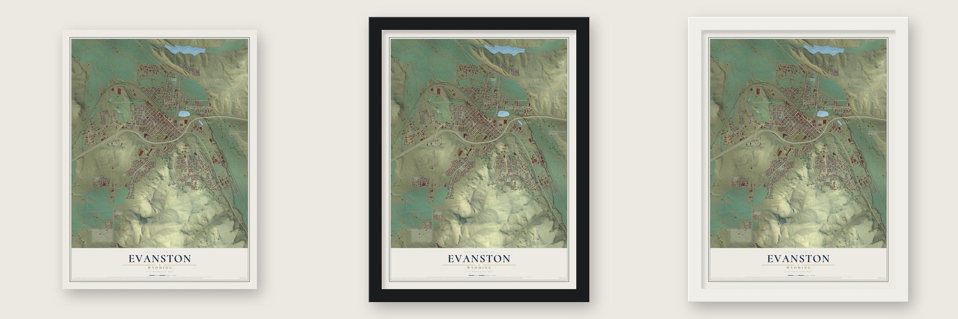 Evanston, Wyoming map unframed, in a black wood frame and in a white wood frame