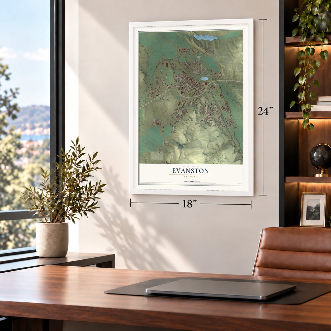 Evanston, Wyoming map, 18 x 24 inch print in a white frame in a home office