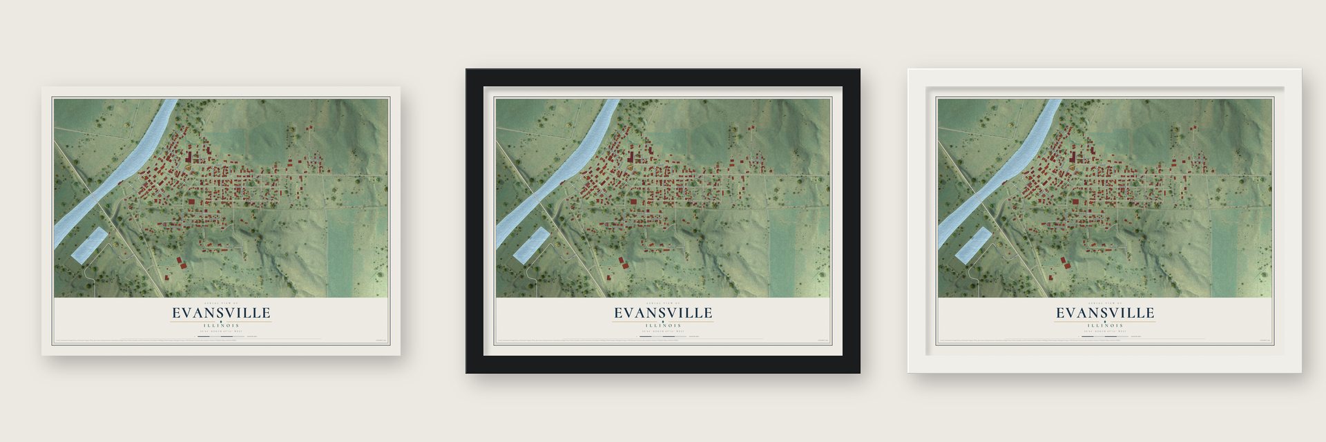 Evansville, Illinois map unframed, in a black wood frame and in a white wood frame