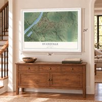 Evansville, Illinois map, 24 x 36 inch print in a white frame above a dresser by a staircase