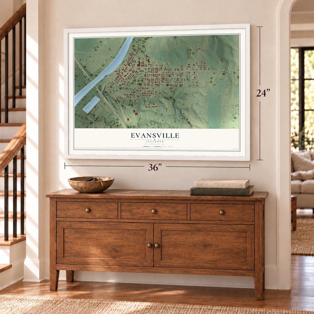 Evansville, Illinois map, 24 x 36 inch print in a white frame above a dresser by a staircase