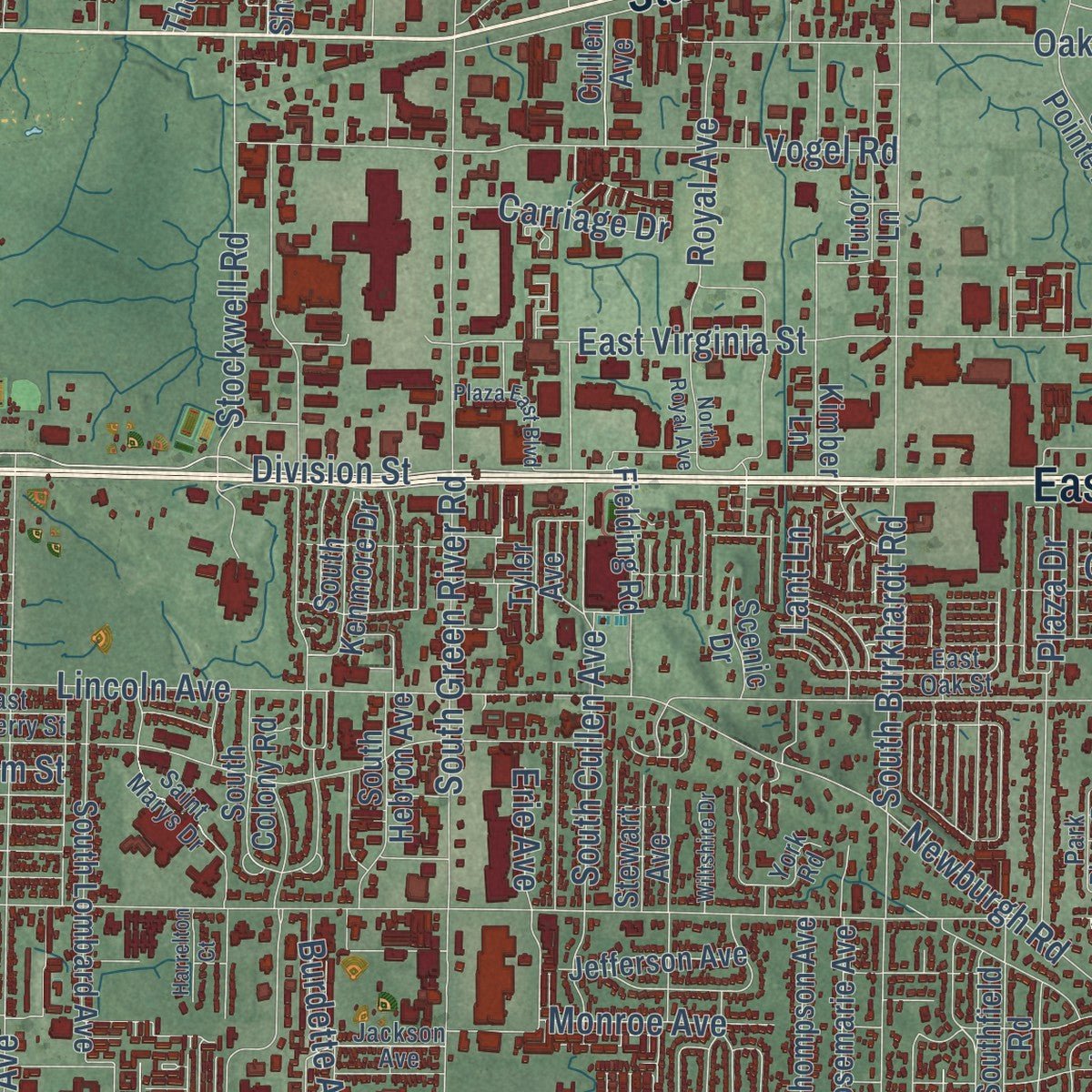 Second close-up of the map of Evansville, Indiana print showing more streets and buildings
