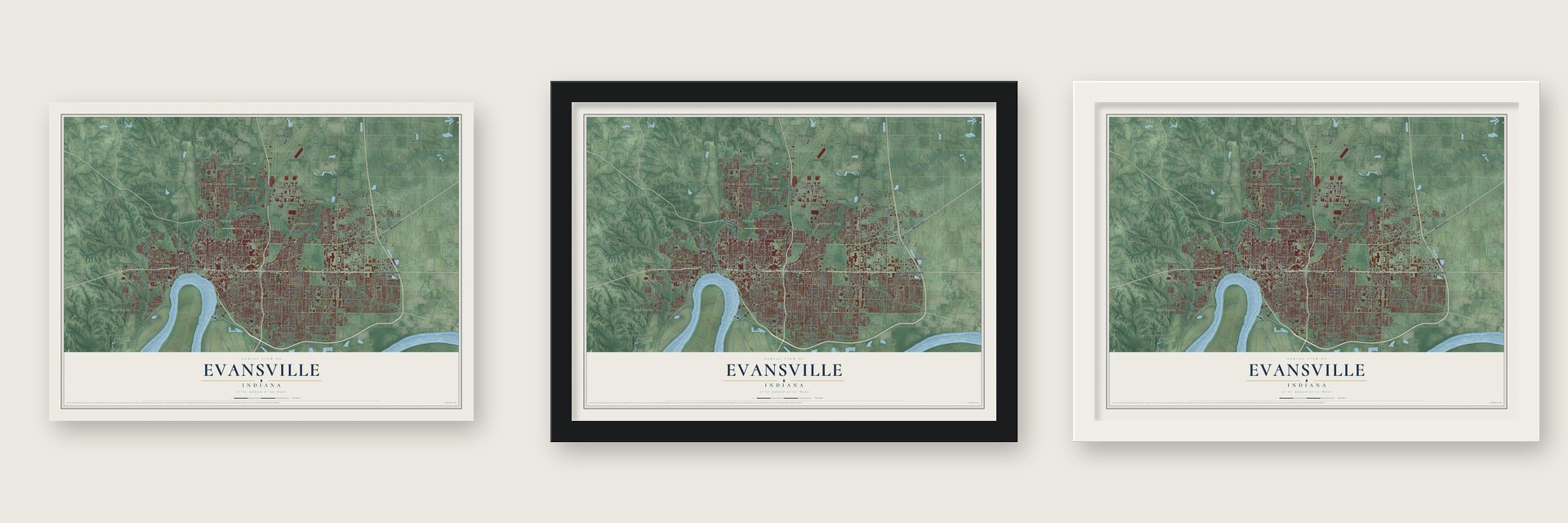Evansville, Indiana map unframed, in a black wood frame and in a white wood frame