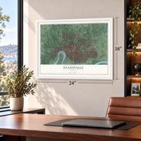 Evansville, Indiana map, 18 x 24 inch print in a white frame in a home office