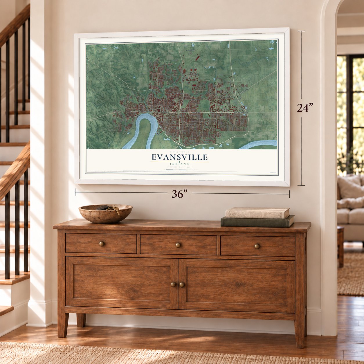 Evansville, Indiana map, 24 x 36 inch print in a white frame above a dresser by a staircase