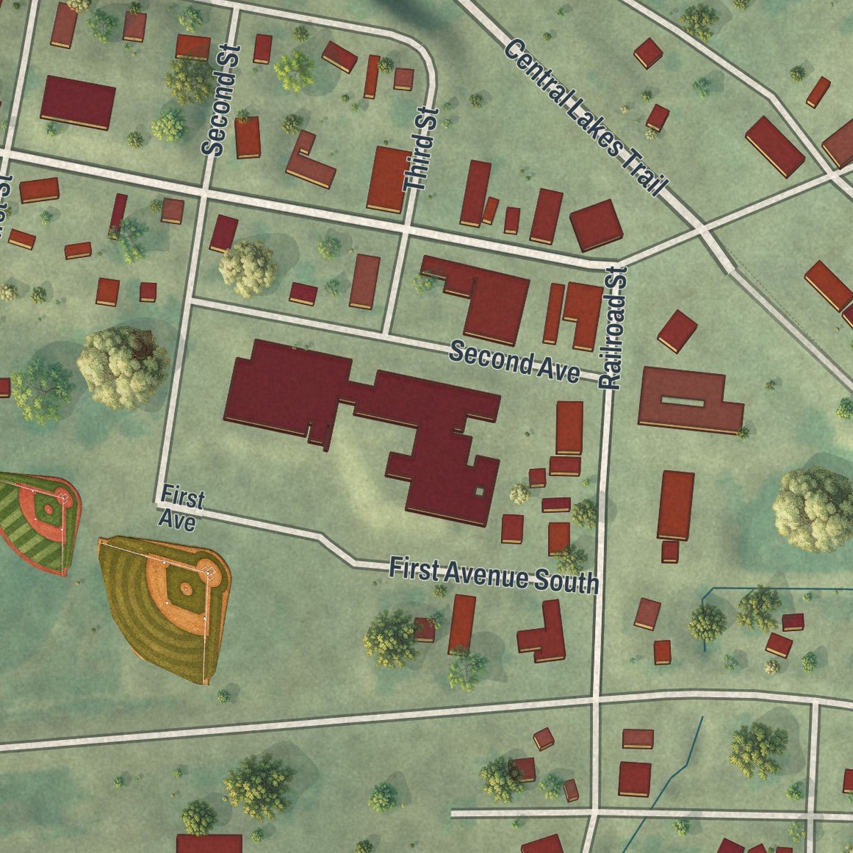 Second close-up of the map of Evansville, Minnesota print showing more streets and buildings