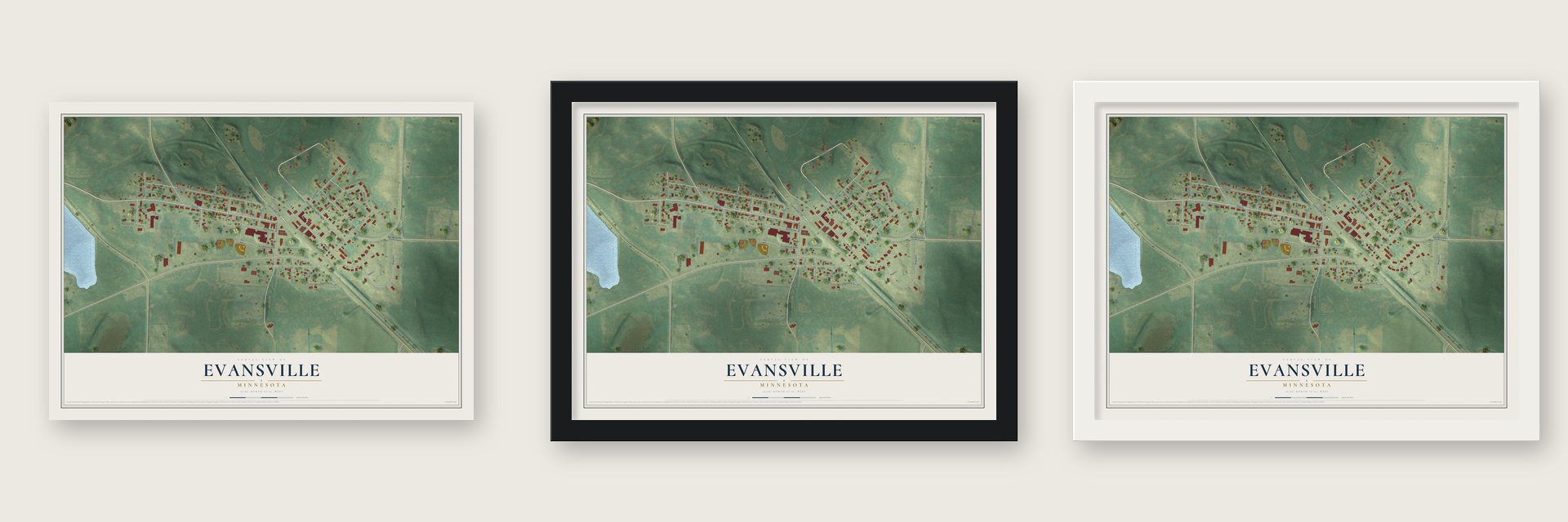 Evansville, Minnesota map unframed, in a black wood frame and in a white wood frame
