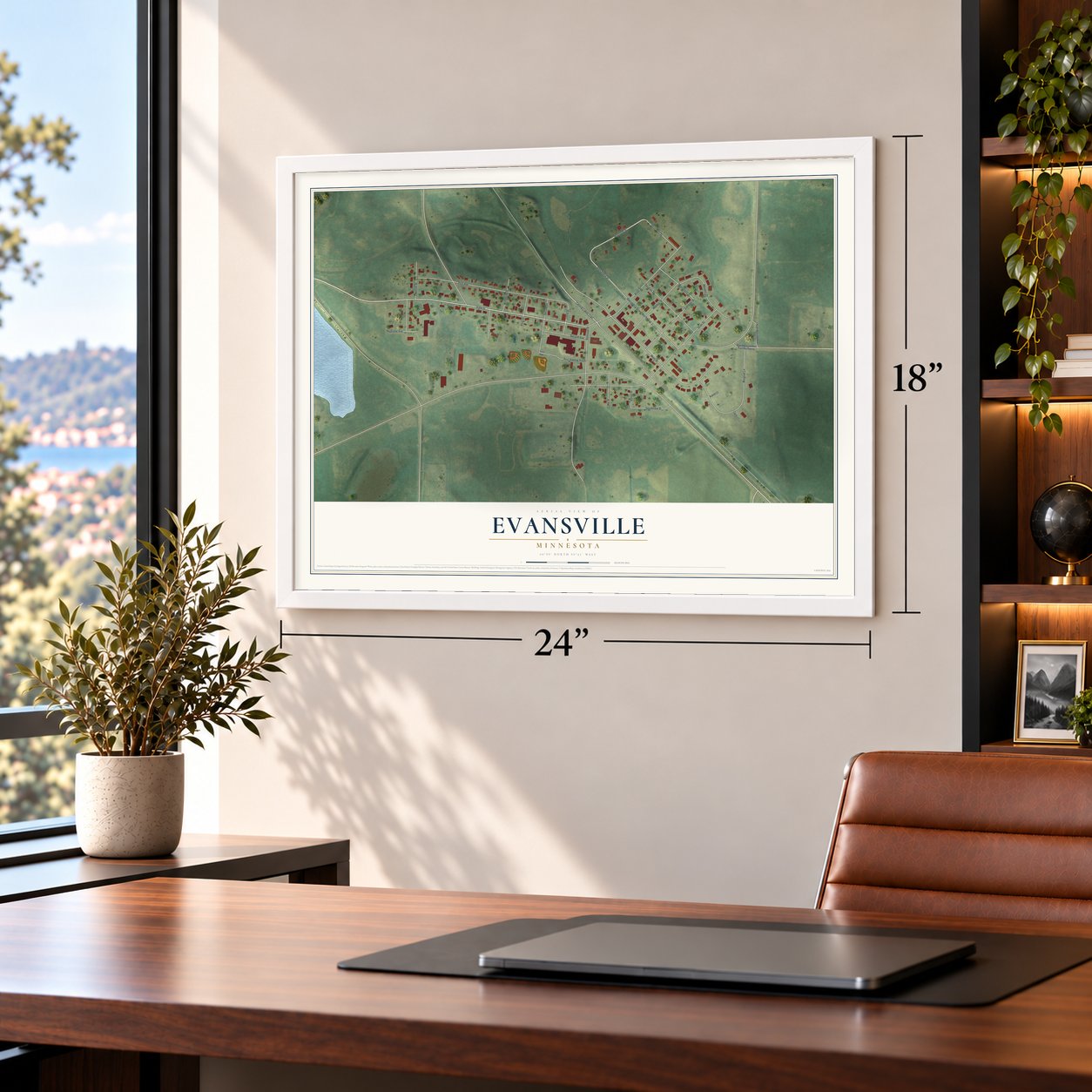 Evansville, Minnesota map, 18 x 24 inch print in a white frame in a home office