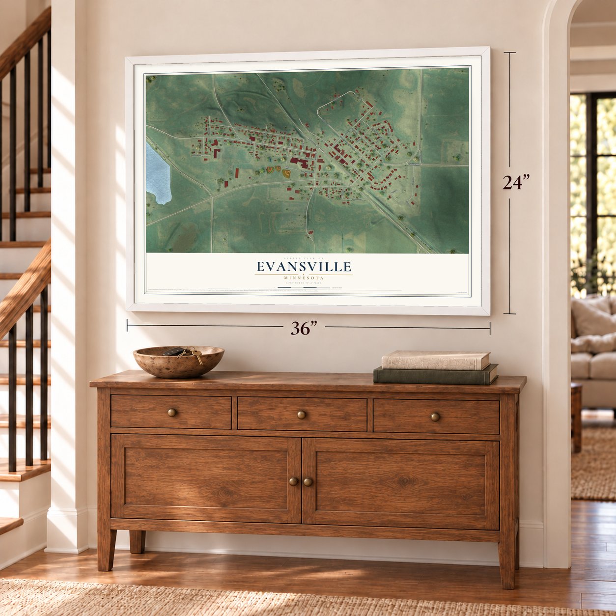 Evansville, Minnesota map, 24 x 36 inch print in a white frame above a dresser by a staircase