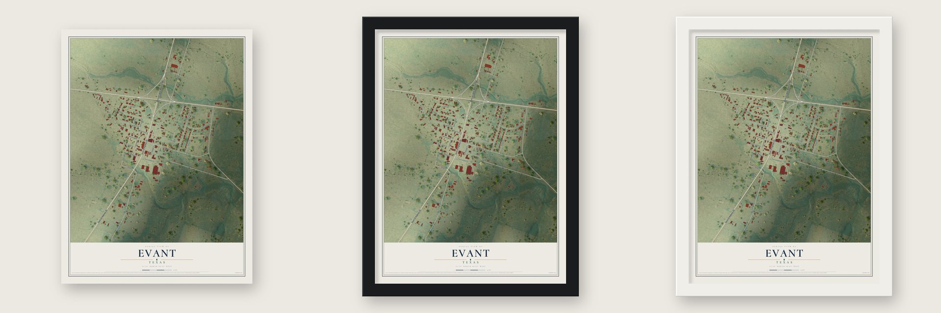 Evant, Texas map unframed, in a black wood frame and in a white wood frame
