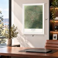 Evant, Texas map, 18 x 24 inch print in a white frame in a home office