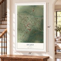 Evant, Texas map, 24 x 36 inch print in a white frame by a staircase