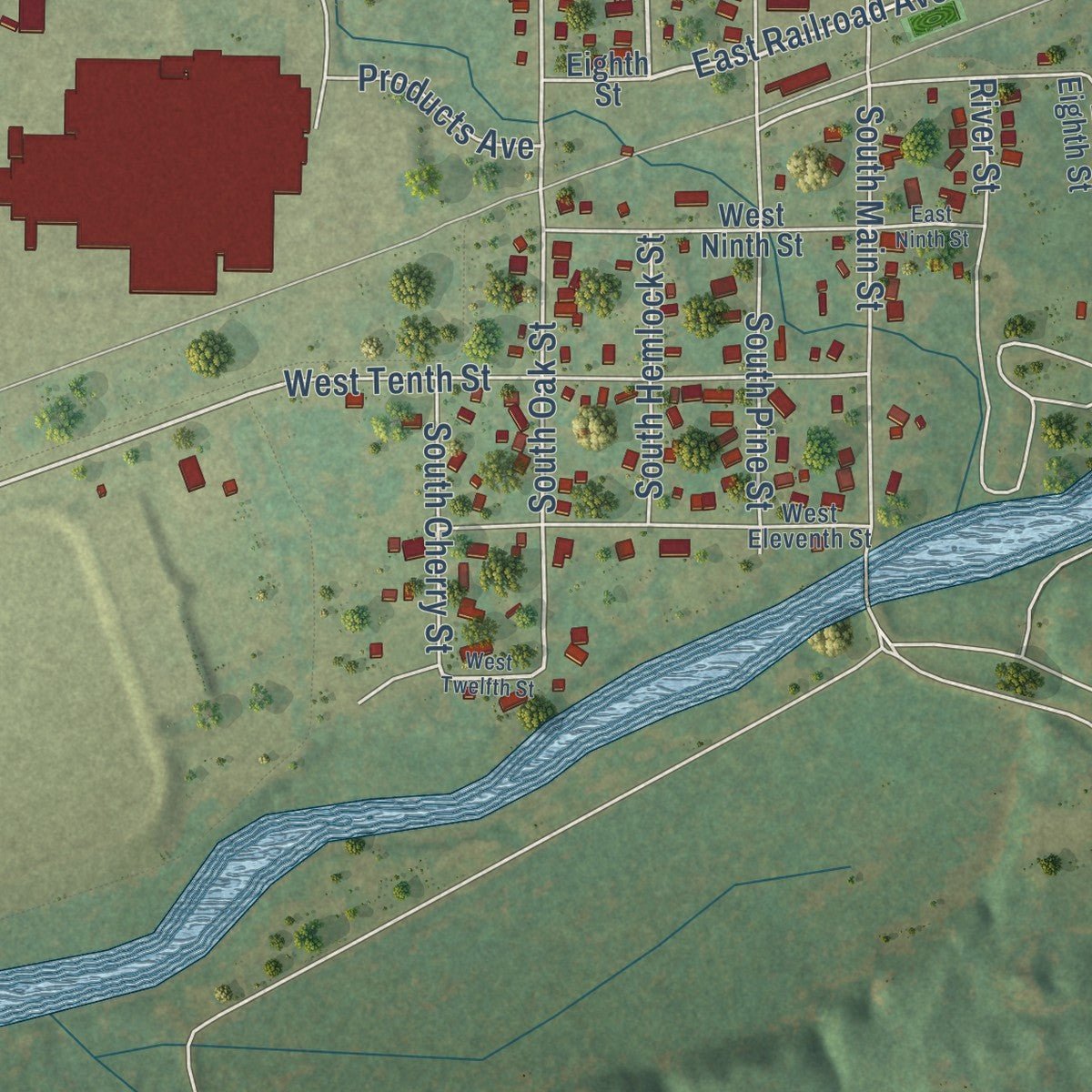 Second close-up of the map of Evart, Michigan print showing more streets and buildings