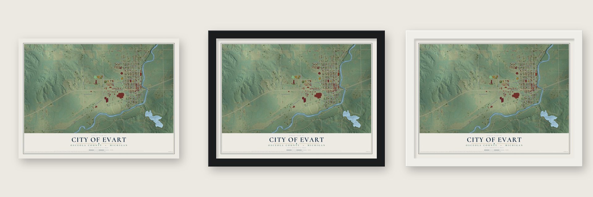 Evart, Michigan map unframed, in a black wood frame and in a white wood frame