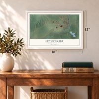 Evart, Michigan map, 12 x 18 inch print in a white frame in an entryway