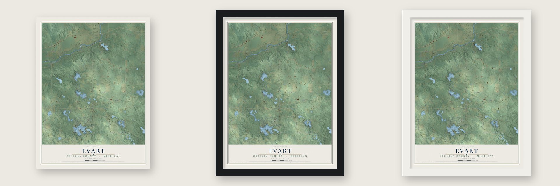Evart, Osceola County, Michigan map unframed, in a black wood frame and in a white wood frame