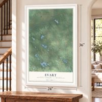Evart, Osceola County, Michigan map, 24 x 36 inch print in a white frame by a staircase