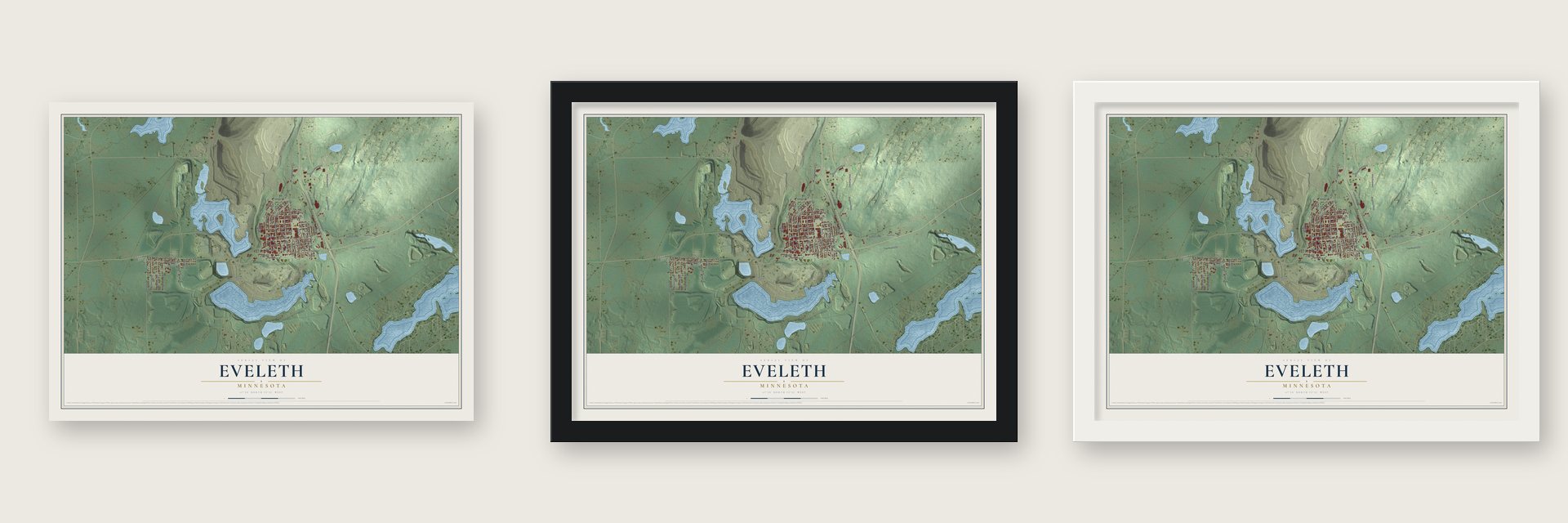 Eveleth, Minnesota map unframed, in a black wood frame and in a white wood frame
