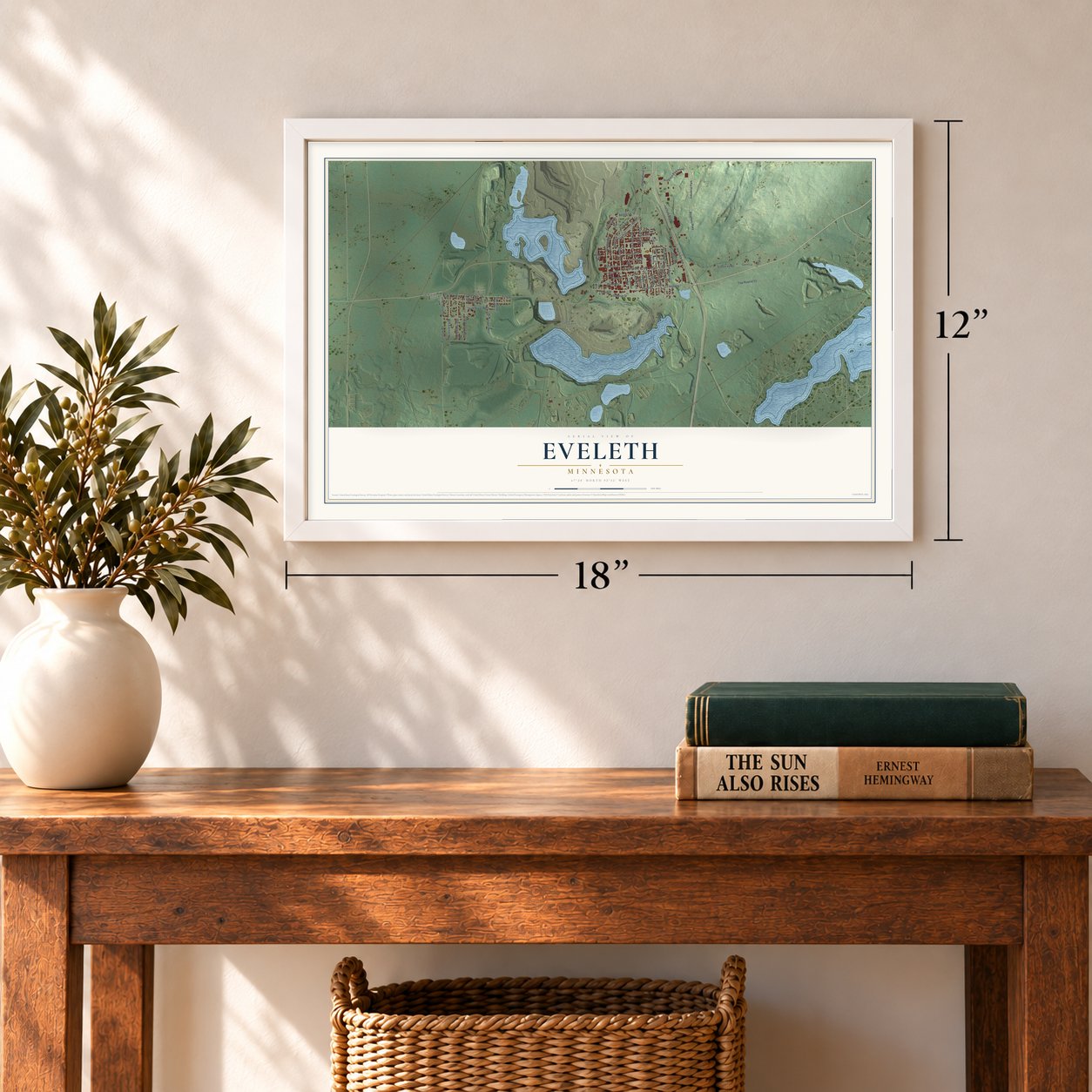 Eveleth, Minnesota map, 12 x 18 inch print in a white frame in an entryway