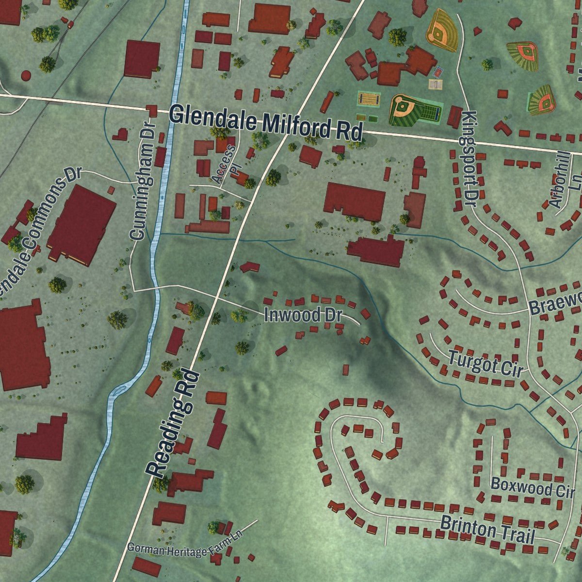 Second close-up of the map of Evendale, Ohio print showing more streets and buildings